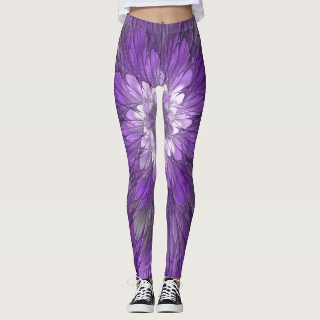 Legging Arte abstrata fractal de flor roxa psicodélica (Frente)