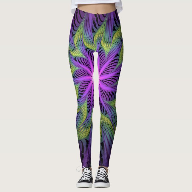 Legging Arte abstrata fractal moderna flor roxa verde (Frente)