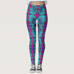 Legging Arte Abstrata Retro Groovy Azul Aquático e Preto