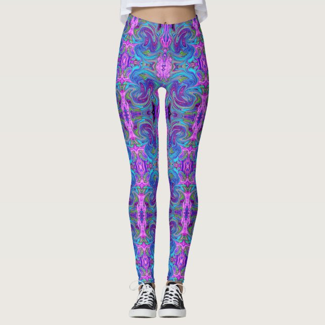Legging Arte Abstrata Retro Groovy Azul, Rosa e Roxo (Frente)