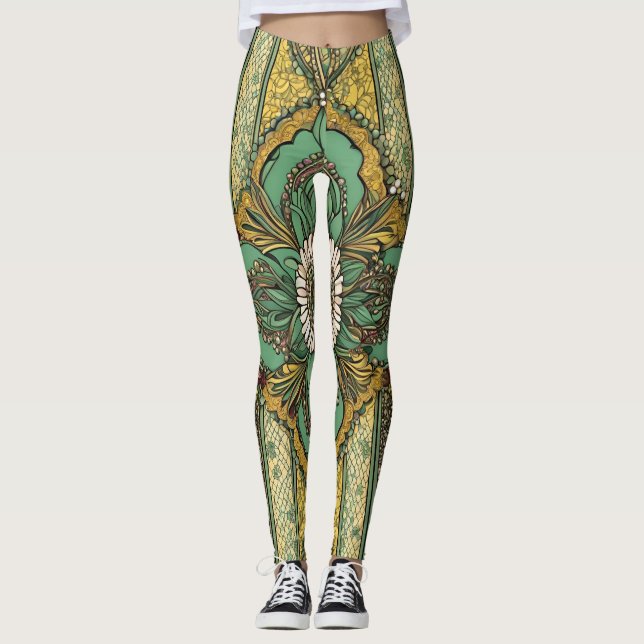 Legging Arte africana Verde e Amarelo Floral Natureza AI (Frente)