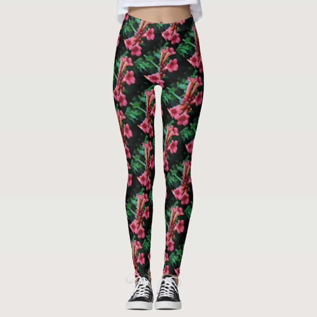 Legging Arte Botânica de Honeysuckle, Trompete Rosa (Frente)