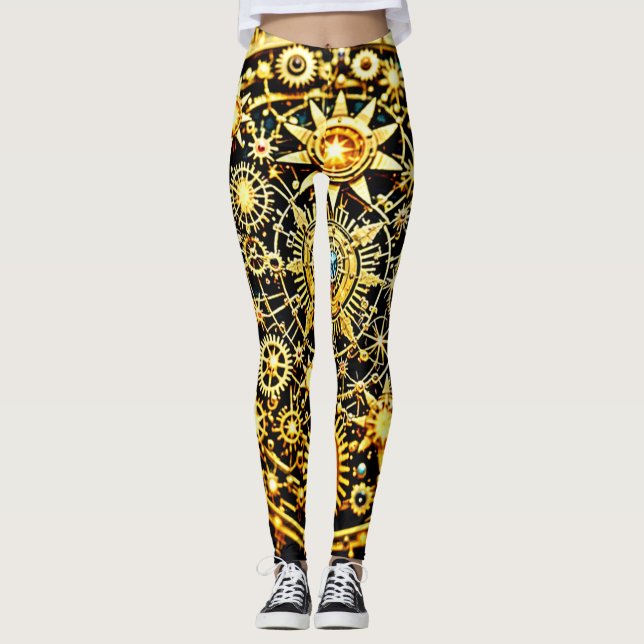 Legging Arte Celestial de Relógio Dourado (Frente)