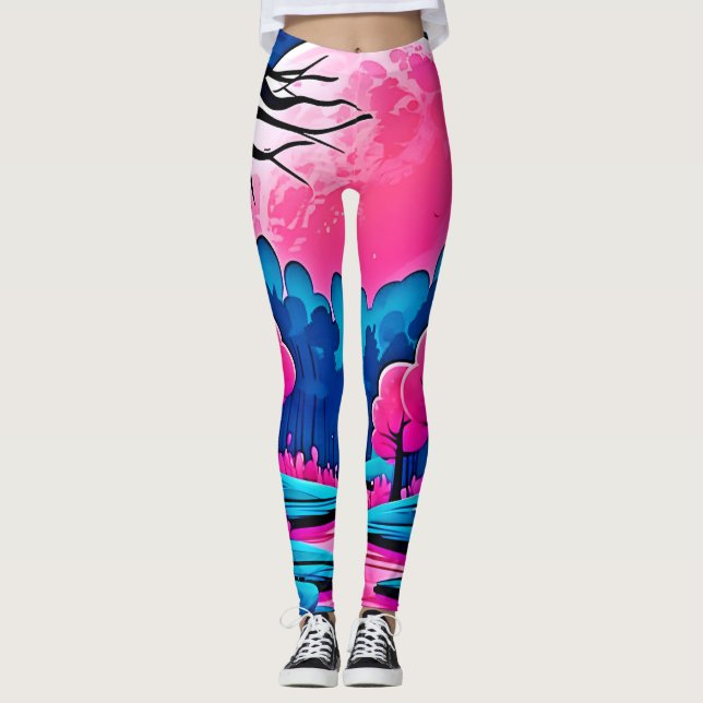 Legging Arte da Floresta Rosa-Ligada (Frente)