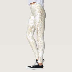 Legging Arte da linha de Doenças Florais Brancas Douradas