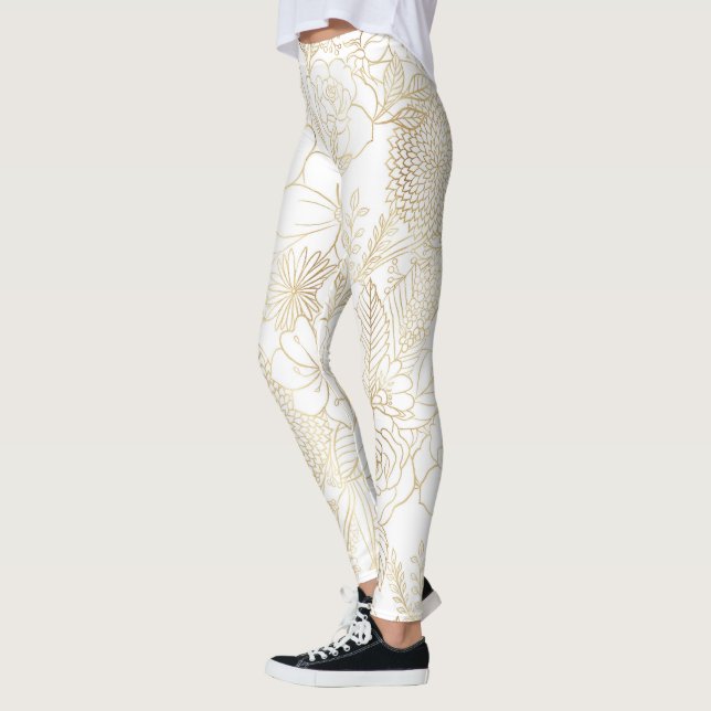 Legging Arte da linha de Doenças Florais Brancas Douradas  (Esquerda)