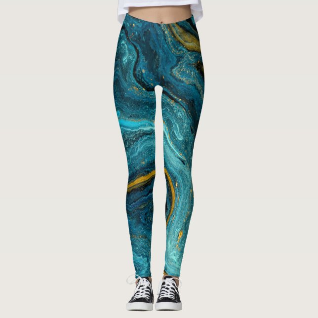 Legging Arte de Abstrato Dourada de Mármore Verde Azul Mod (Frente)