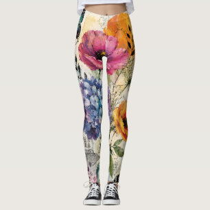 Legging Arte de Colagem Mista Botânica Vibrante