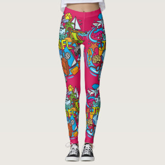 Legging Arte de desenho rosa vibrante para viajantes