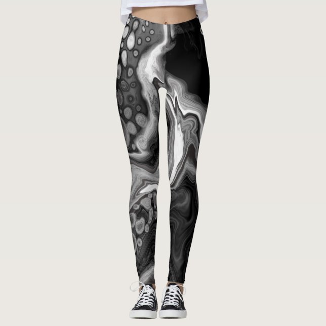Legging Arte de Fluidos Digitais de Mármore Preto e Branco (Frente)