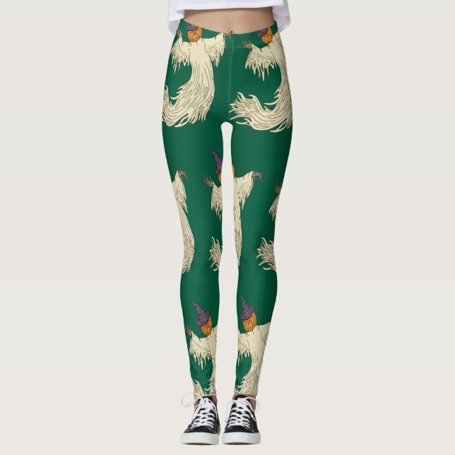 Legging Arte de Halloween do Fantasma de Cabeça de Abóbora (Frente)