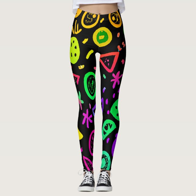 Legging Arte de Padrão de Neon Fruta Vibrante (Frente)