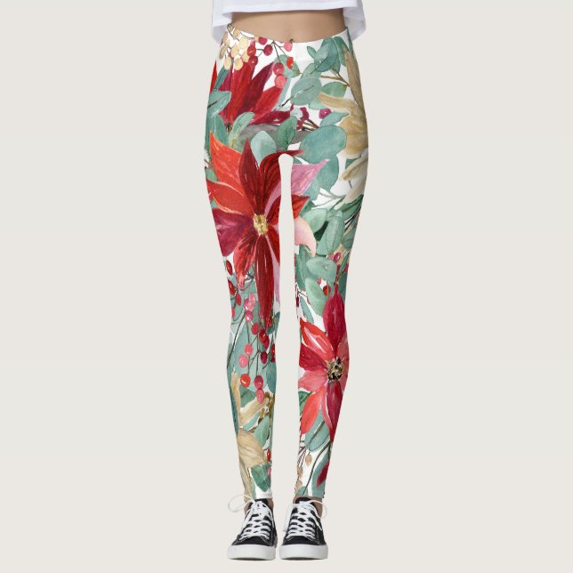 Legging Arte de Pássaro Floral de Natal (Frente)