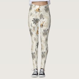 Legging Arte de Raposa Botânica Preta e Dourada de Luxo (1