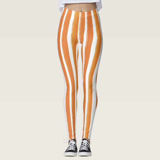 Legging Arte de Stripe de Doces Laranja e Branco Vertical  (Frente)