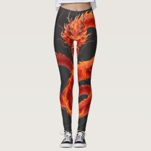 Legging Arte do Dragão de Fogo Vermelho Desenho de Dragã