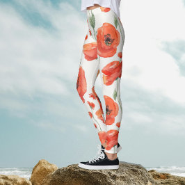 Legging Arte Fofo Vermelho Branco Papoula Floral Ousada Aq