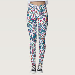 Legging Arte Folclórica Colorida Padrão Floral de Pássaros