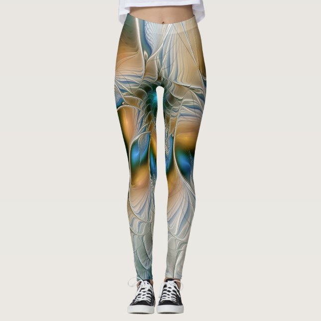 Legging Arte fractal de fantasia abstrata elevada com azul (Frente)