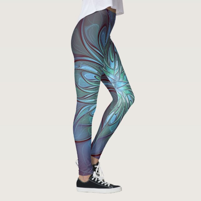 Legging Arte Fractal de Flor Azul Moderno, Abstrato Trendy (Direita)