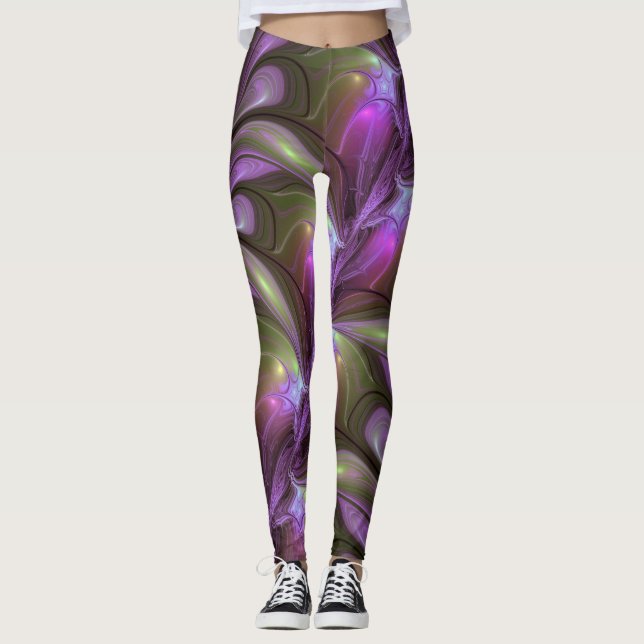 Legging Arte Fractal de Khaki, Abstrato violeta e colorida (Frente)