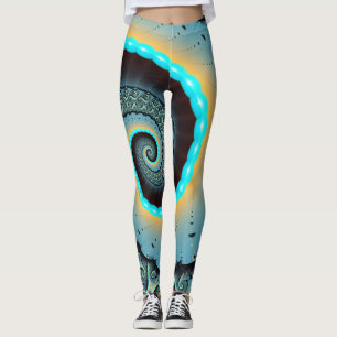 Legging Arte fractal espiral abstrata azul-turquesa laranj