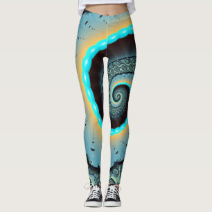 Legging Arte Fractal Espiral Azul Turquesa Abstrato Laranj