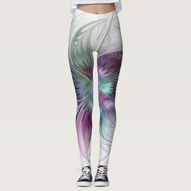 Legging Arte Fractal Moderna Floral Colorida Abstrato (Frente)