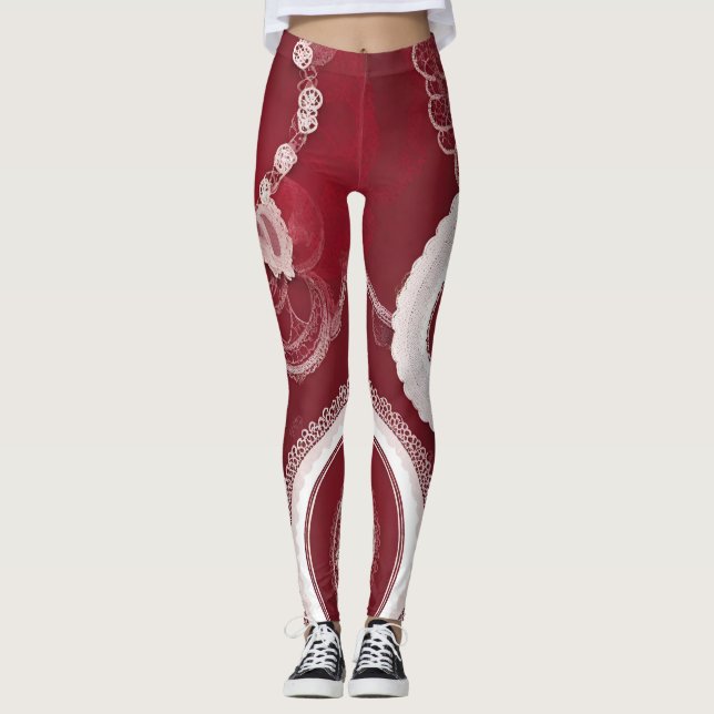Legging Arte IA do Lace Floral Vermelho Escuro (Frente)