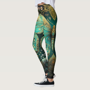 Legging Arte Moderna Deco Azul Azul Dourado Borboleta Yoga