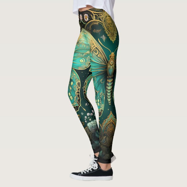 Legging Arte Moderna Deco Azul Azul Dourado Borboleta Yoga (Esquerda)