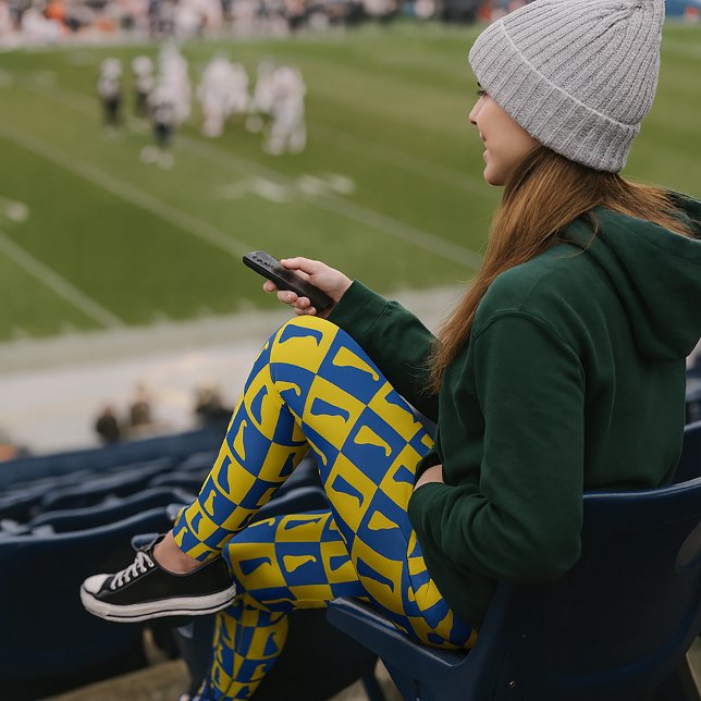 Legging Arte Pop Delaware Padrão Azul Dourado (A pair of leggings with a blue and yellow gold design featuring the US state of Delaware.)