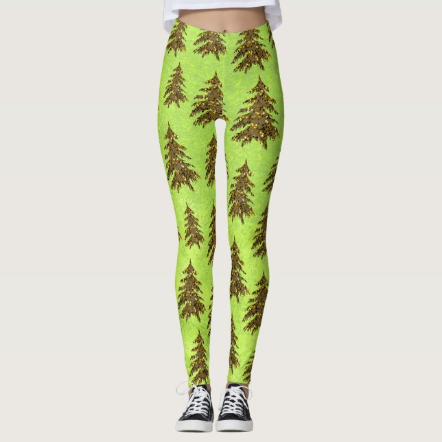 Legging Árvore de Natal cintilante em papel verde abstrato (Frente)
