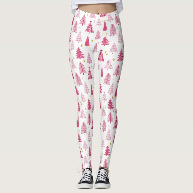 Legging Árvore de Natal de Natal Rosa (Frente)
