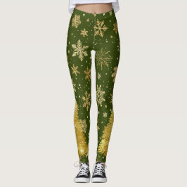 Legging Árvore de Natal Dourada e flocos de neve