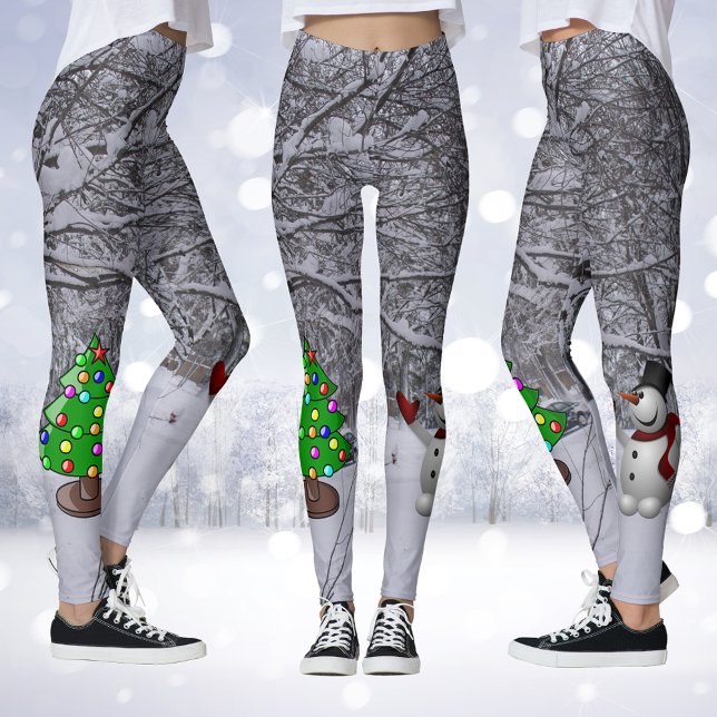 Legging Árvore de Natal, Neve, Pernas Fotográficas da Cena (Christmas Tree, Snowman, Snow Scene Photo Leggings)