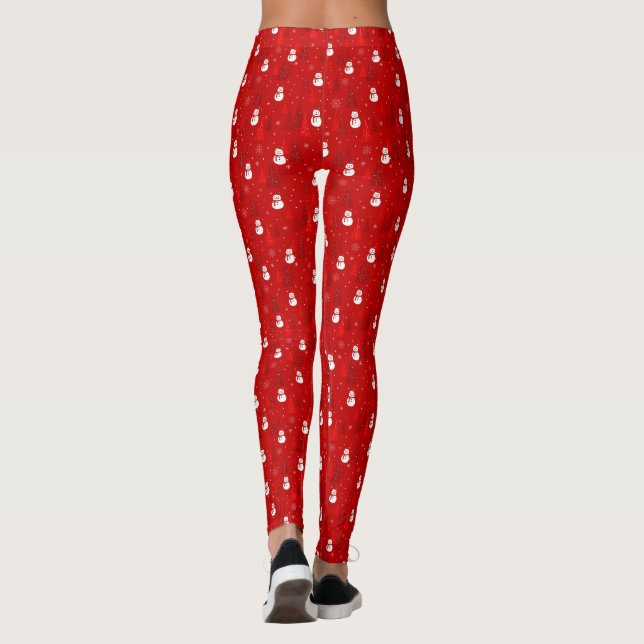 Legging Árvore de Natal Vermelha e Branca e Padrão de Neve (Verso)