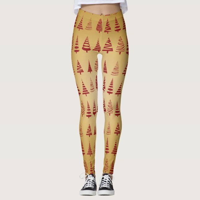 Legging Árvore de Natal vermelha moderna em Dourado (Frente)