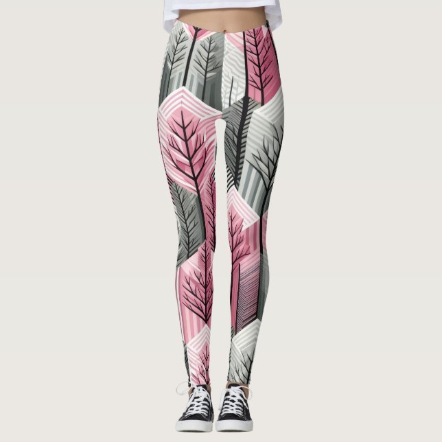Legging Árvore Geométrica em Grid Rosa Atômico Cinza (Frente)