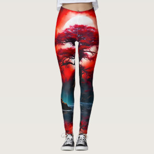 Legging Árvore Vermelha Mística Sob Lua Cheia