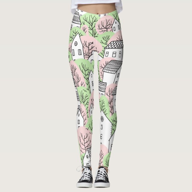 Legging Árvores, casas, paisagem primavera (Frente)