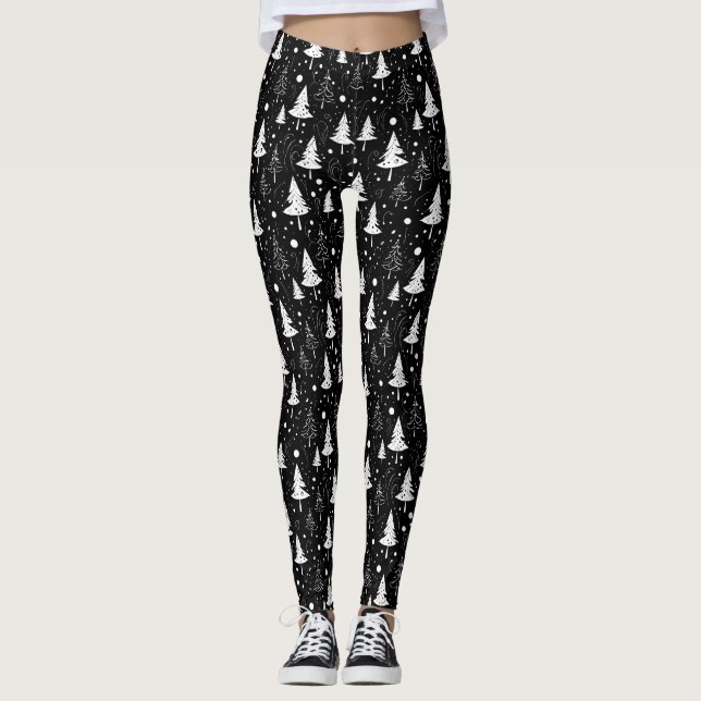 Legging Árvores de Natal Negra e Branca Modernas (Frente)