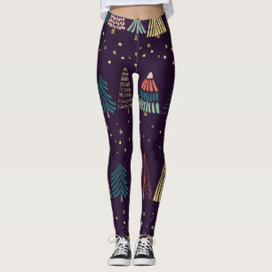 Legging Árvores de rabisco, estrelas, azul escuro.