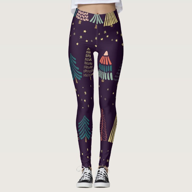 Legging Árvores de rabisco, estrelas, azul escuro. (Frente)