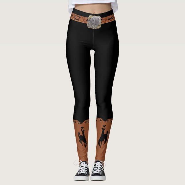 Legging As caneleiras pretas com correia do vaqueiro (Frente)