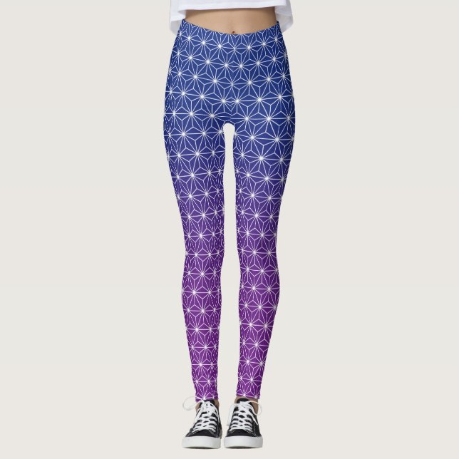 Legging Asanoha tradicional Impressão azul e roxo japonês (Frente)