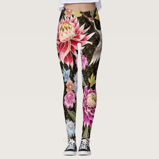 Legging Asters Cranes: Estilo Japonês Pintado Sem Costura (Frente)