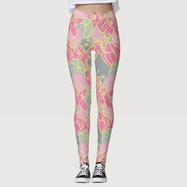 Legging Atendimento moderno de padrões negros de flores (Frente)