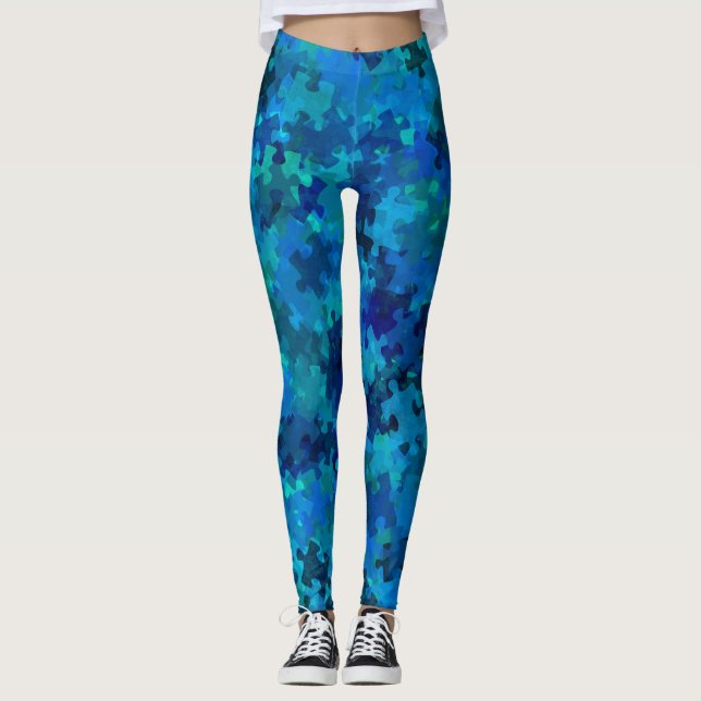 Legging Autismo Sensibilização Colagem Quebra-cabeça Azul (Frente)