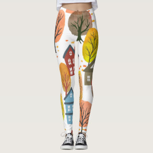 Legging Autumn Elegance: Watercolor City e Árvores